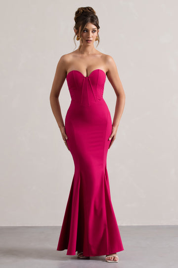 Idyllic Hot Pink Strapless Corset Style Fishtail Maxi Dress